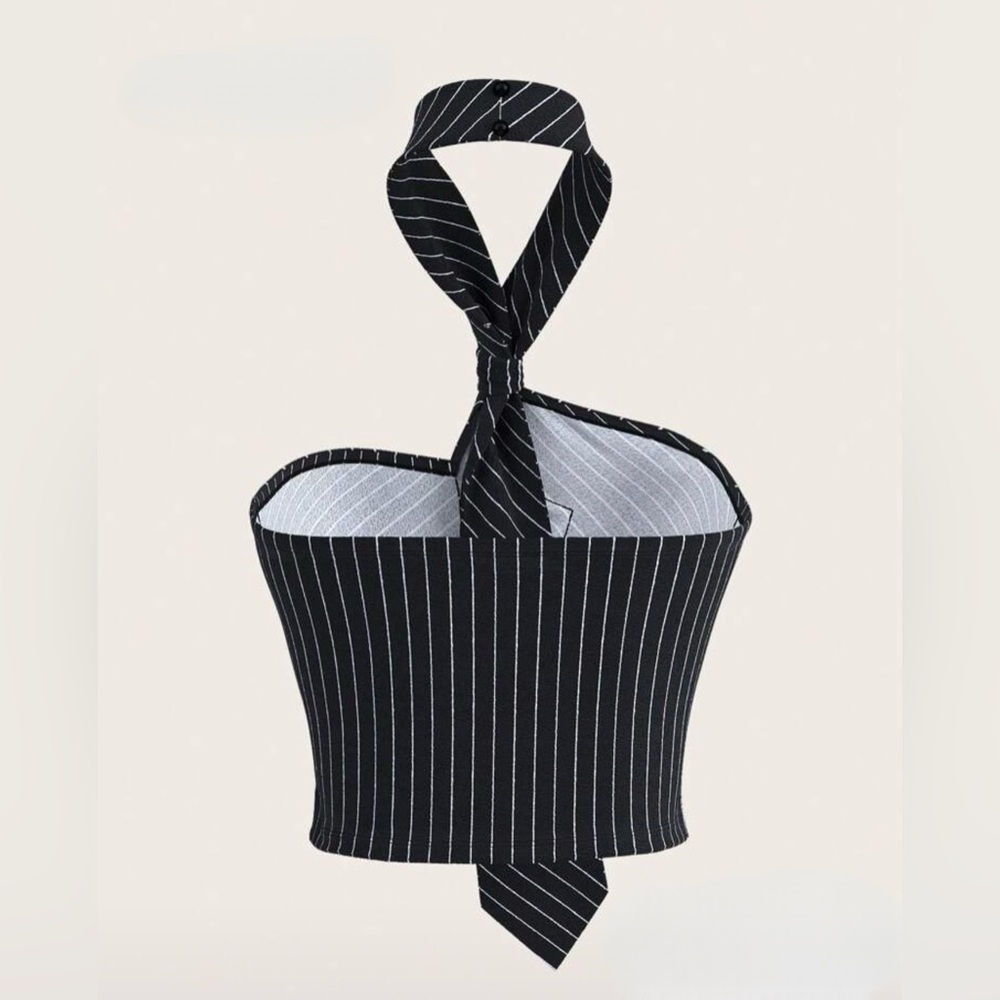Striped Black and White Halter Top - Picture 2 of 3